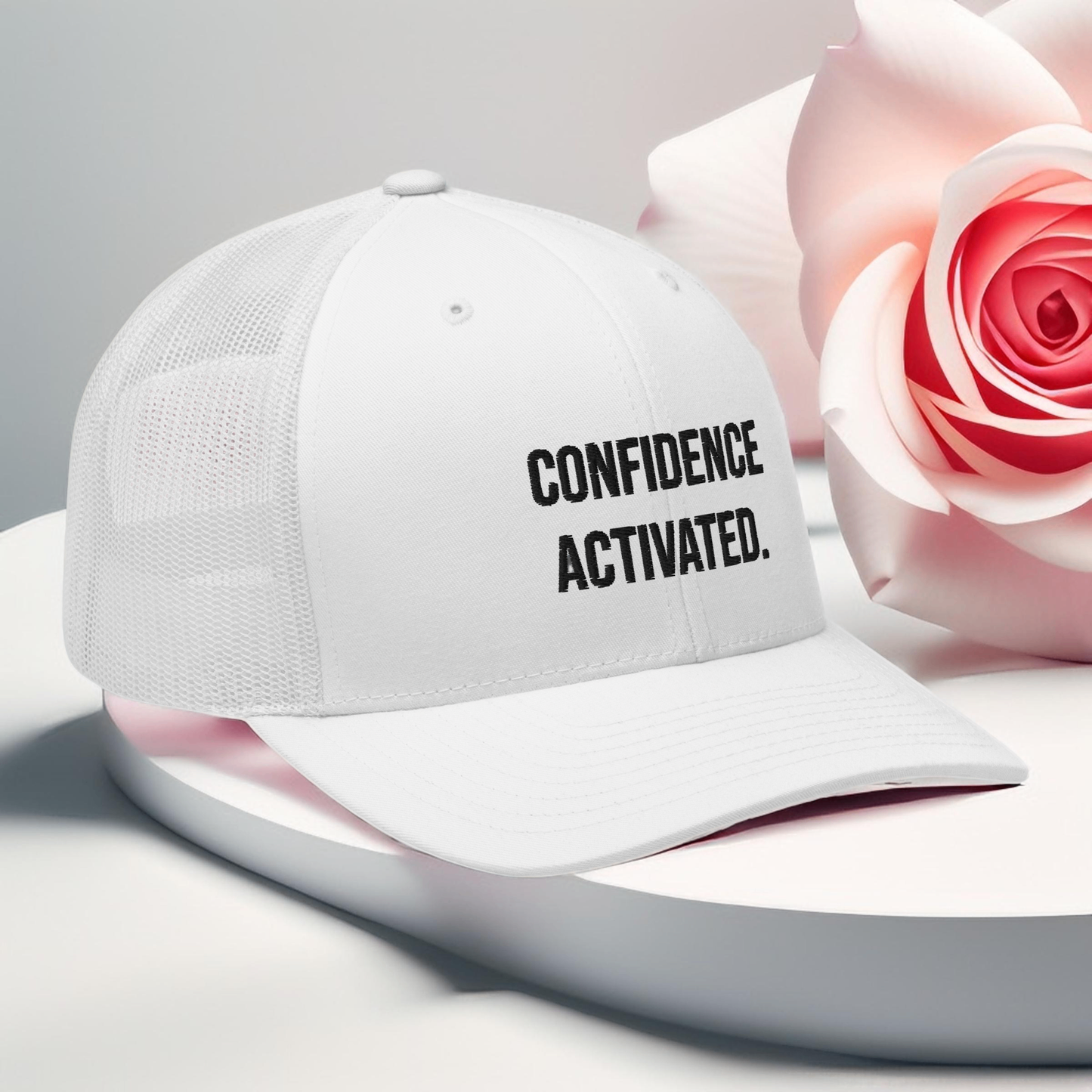 Embroidered "CONFIDENCE ACTIVATED" White Trucker Cap